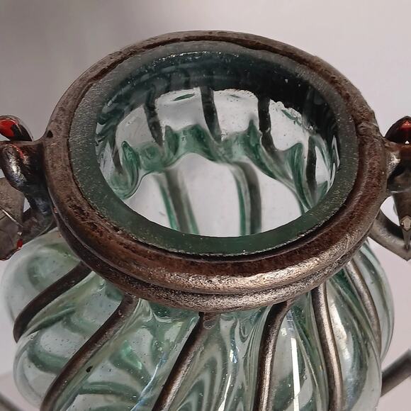 Amphora Vase Hand Blown Caged Green Glass Metal Leaves Stand 14.5" - Picture 8 of 16